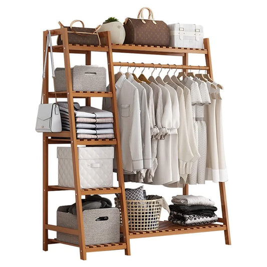 Zzibqs Bamboo Ladder Clothing Rack with Shelves,Max Load 200LBS,43.3L x 15.7W x55.1H