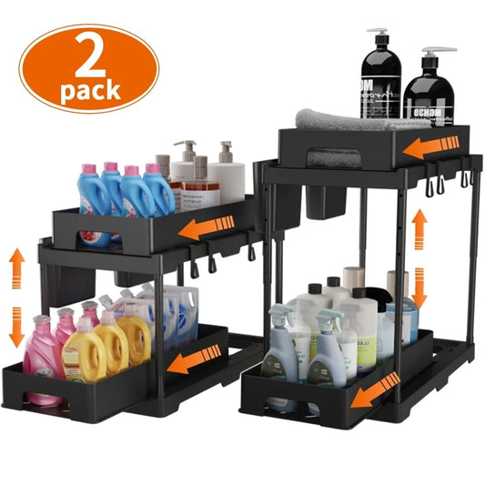 2 Pack Under Sink Organizers and Storage, 2 Tier Double Sliding Drawer Cabinet Basket Organizer with Hooks and Hanging Cup, Apartment Essentials Must Haves for Kitchen, Bathroom, Garage Storage-Black
